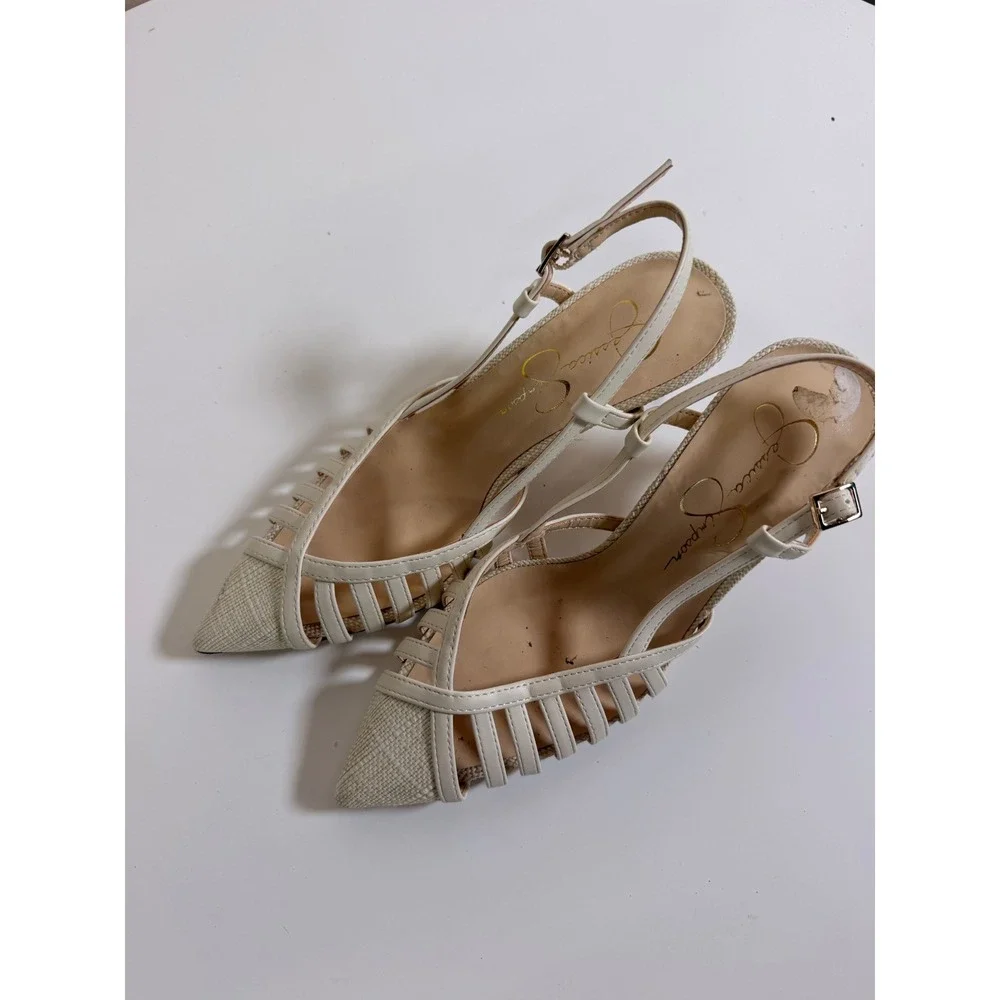 Jessica Simpson Heels Womens‎ 7M Cream Excellent Caged Slingback Kitten Toe
